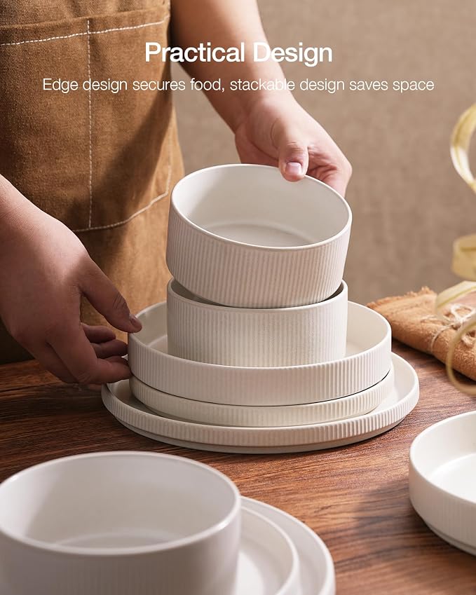 Famiware Star 12-Piece Stoneware Flat Plate Set for 6-10.5" Dinner Plates & 8" Salad Plates, High Edge Dishes Dinnerware Sets, Chip & Scratch Resistant, Microwave & Dishwasher Safe, Matte White