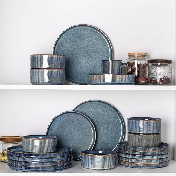 GBHOME 24-Piece Stoneware Dinnerware Set for 8 – Ribbed Ceramic Plates and Bowls, Scratch-Resistant, Microwave & Dishwasher Safe, Reactive Glaze, Ceylon Blue