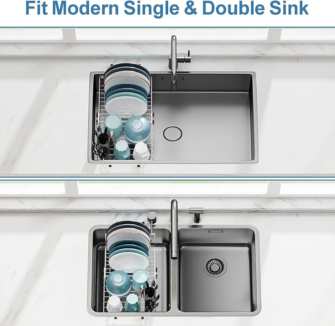 GSlife Over Sink Dish Drying Rack - Large Expandable Stainless Steel in Sink Dish Drainer with Square Corners, Rust Resistant with Lock Knob, Heavy Duty Fit for Modern Single & Double Sinks, Black