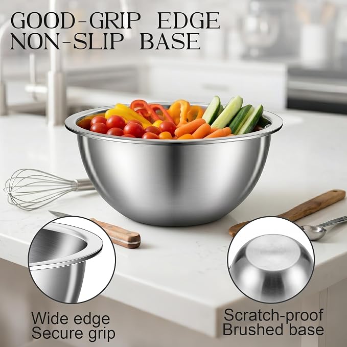 DUTZUN Stainless Steel Mixing Bowls with Colander for Baking, Prep, Cooking | Kitchen Appliances - Metal Mixing Bowl Set of 5 (4, 2.2, 1.6, 1.2 & 0.8 QT) plus 3 QT Strainer