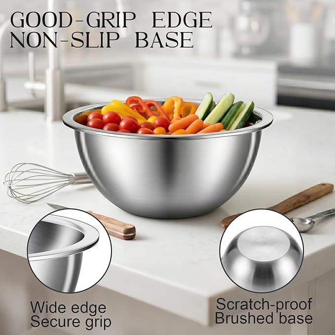 DUTZUN Stainless Steel Bowls, Metal Mixing Bowl Set of 3 (1.1, 1.6, 3.0 QT), Dishwasher Safe