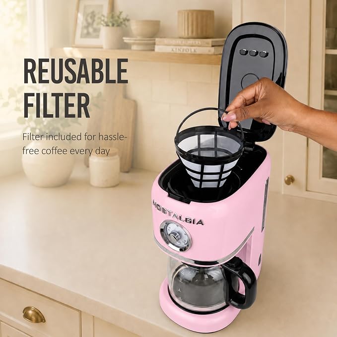 Nostalgia Classic Retro 10 Cup Coffee Maker - One-Touch Drip Brew, Reusable Filter - Anti-Drip, Auto Shutoff, & Time Display - Dishwasher Safe 50 oz Carafe - Pink