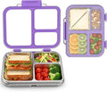 Stainless Steel Bento Box for Kids, 3-Compartment Metal Lunch Box with Clear Lid & Removable Silicone, Lunch Box Kids with Silicone Inner Container for Meal Prep, School, Office (Purple)