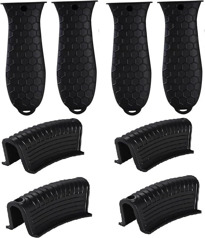 8 Pieces Silicone Hot Tool Holder Heat Resistant Potholder Cookware Handle Non Slip Rubber Pot Holders Handles Grip Covers for Cast Iron Skillet Silicone Cooking Kitchen Suits (Black)