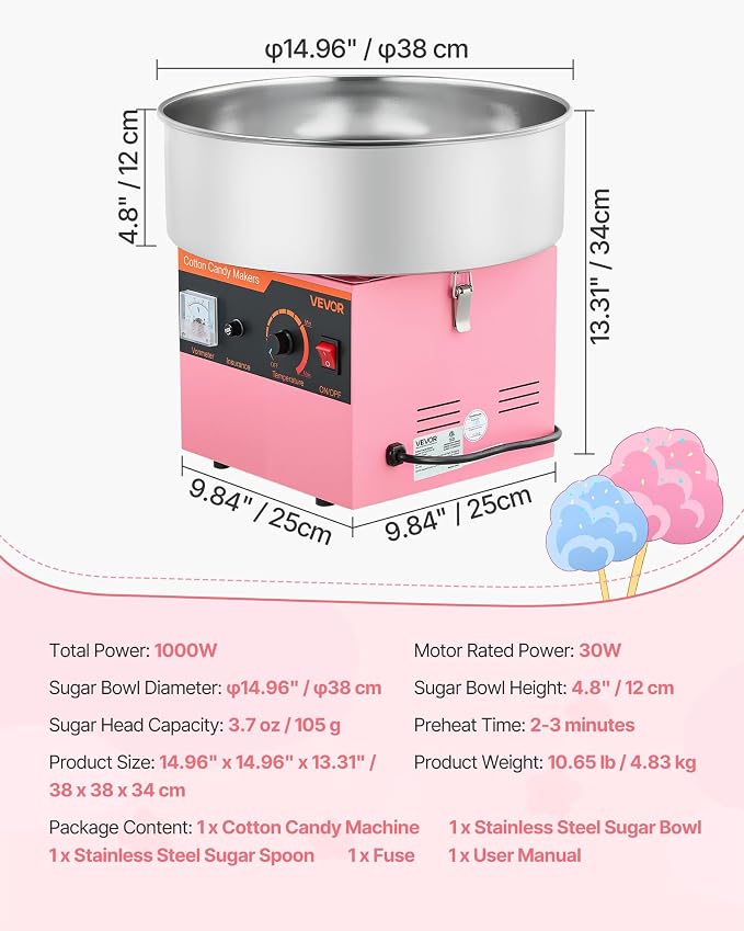 VEVOR Cotton Candy Machine Commercial, 1000W Electric Candy Floss Maker, Easy Use with 15 inch Stainless Steel Bowl and Sugar Scoop, Makes Hard Candy for Home Kids Birthday, Family Party, Pink