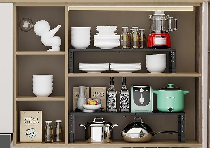 Jojocross Expandable Cabinet Shelf Organizer Storage Spice Rack Shelves for Kitchen Stackable Adjustable Pantry Cupboard Bathroom Countertop Desktop(2Packs/Black/Large-with Hole)
