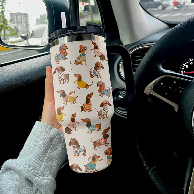 40 oz Tumbler with Handle and Straw Lid | Insulated Cup Reusable Stainless Steel (Dachshund 1)