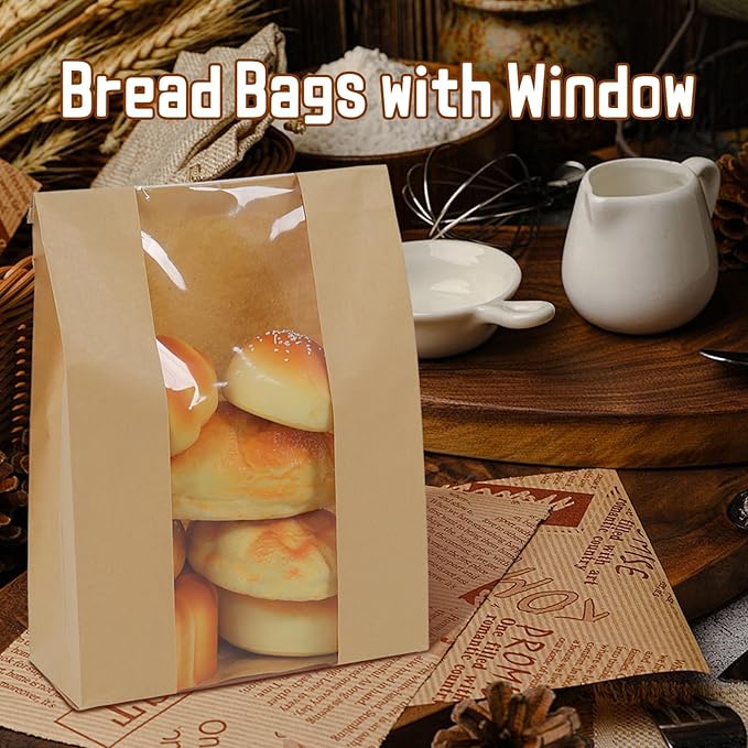 300 Packs Paper Bread Bags for Homemade, Sourdough Bread Bags with Clear Window Includes Label Seal 300 Pcs Stickers, Bakery Packaging Storage for Cookies Snack (13.7x8.2x3.5 inch)