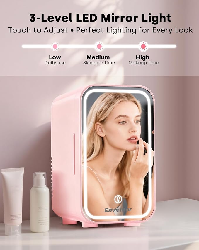 Enventor Mini Skincare Fridge Small Refrigerator for Bedroom, Beauty Fridge for Makeup with Dimmable LED Mirror, 6 L / 8 Cans Compact Portable Cooler for College Dorm, Office, Car, Pink