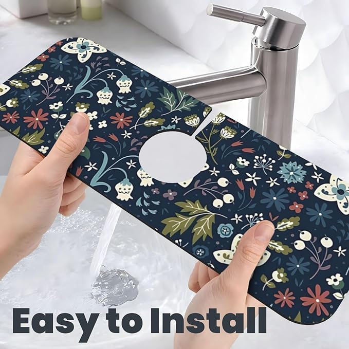 2Pcs Dish Drying Mats Faucet Mats Sets Large Size Coffee Mats Sink Faucet Mat Splash Guard for Kitchen Counter Bathroom Sink Coffee Bar Kitchen Decor (Cute Wildflowers, 18"x24" 15" x 5.5"Set)