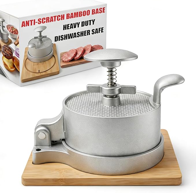 Heavy Duty Hamburger Press Patty Maker, Adjustable 1/4 to 3/4 lb Meat Mold, Detachable Spring Plunger with Bamboo Base, Shape Perfect Burgers in 1-Sec for Daily Meals & BBQ