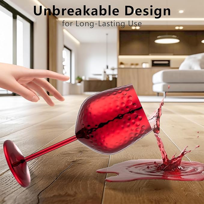 UNISWEET Stainless Steel Wine Glasses Set of 4 Unbreakable (Red) | 17 oz Large-capacity Hammered Goblets, Lightweight & Reusable, Good for Outdoor, Camping, Pool Travel, Gift for Wine Lovers