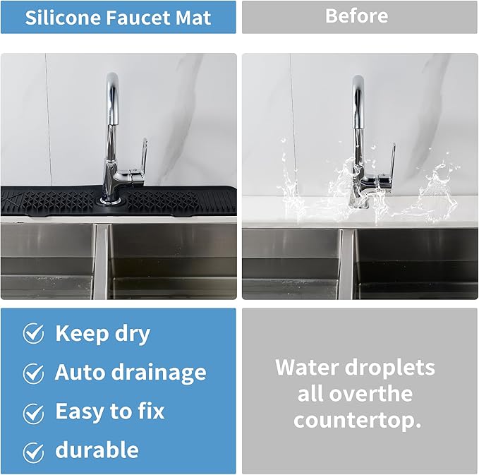 24 inch Silicone Faucet Splash Guard Black Kitchen Sink Mat Dish Drying Mats Sponge Holder and Bathroom Countertop Protect Kitchen Sink Splatter Screen Faucet Air Drying Mat Drip Catcher Tray