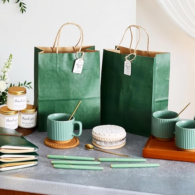 Baby Shower Prizes for Game Winners Baby Shower Games Prizes Ceramic Mugs with Metal Spoons Woven Coasters Notebooks Scented Candles Gift Bags Wedding Bridal Shower Favors for Guests (8, Green)