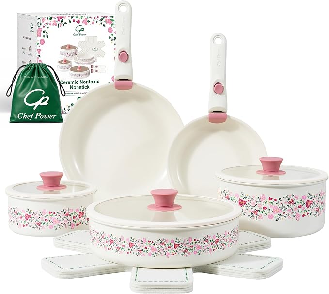 Chef Power Ceramic Cookware Set Non Toxic with Detachable Handles, Healthy Nonstick Decal Pans and Pots Set 14 Pcs, Induction Dishwasher Oven Safe Kitchen Set, White with Bougainvillea
