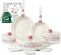 Chef Power Ceramic Cookware Set Non Toxic with Detachable Handles, Healthy Nonstick Decal Pans and Pots Set 14 Pcs, Induction Dishwasher Oven Safe Kitchen Set, White with Bougainvillea