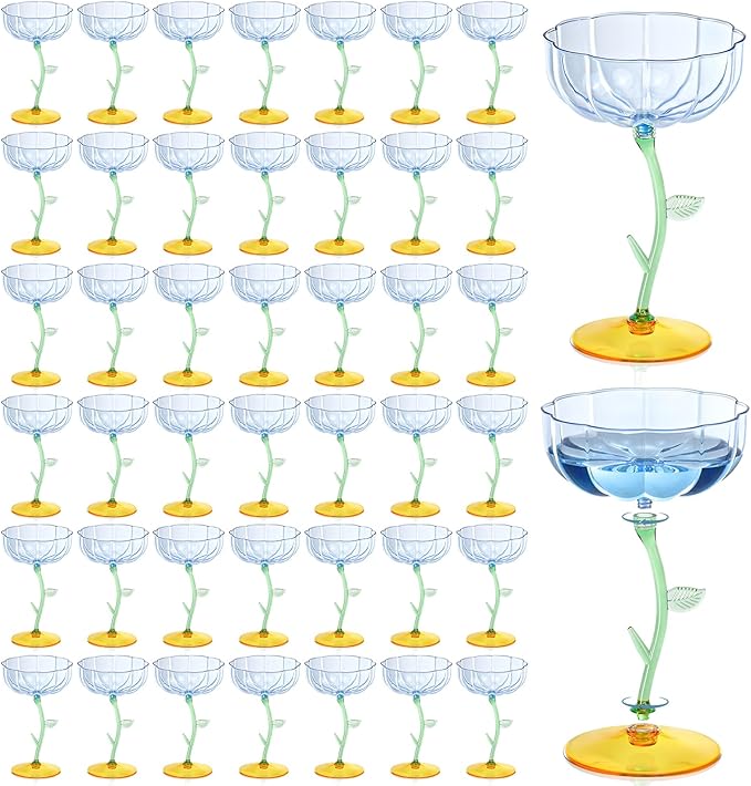 48 Pcs Blue Plastic Ribbed Coupe Glasses Detachable 7oz Flower Cocktail Glasses Modern Wavy Plastic Cocktail Coupes Disposable Martini Glasses Mimosa Glassware champagne goblets (48, Blue)