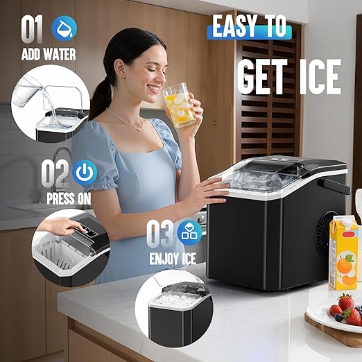 INOVIVA Portable Countertop Ice Maker, 26.5Lbs/24H Bullet Ice Machine, 6 Mins Fast Ice Making, 2 Ice Sizes, Self-Cleaning, Detachable Basket, Compact Ice Maker for Home, Kitchen, Office, RV