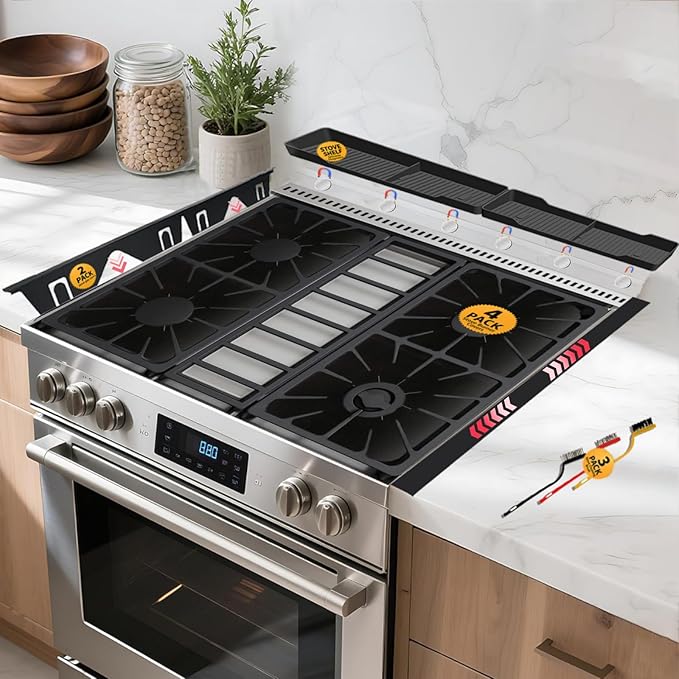 Stove Gap Covers Stainless Steel 2PC(0.08"–0.7" W,13.8"–27.5" L)+30"(2×15") Silicone Magnetic Stove Shelf+4PC Gas Burner Covers|Heat Resistant Non-Stick Range Accessories,Bonus Cleaning Brushes