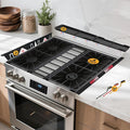 Stove Gap Covers Stainless Steel 2PC(0.08"–0.7" W,13.8"–27.5" L)+30"(2×15") Silicone Magnetic Stove Shelf+4PC Gas Burner Covers|Heat Resistant Non-Stick Range Accessories,Bonus Cleaning Brushes