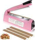 8 Inch Impulse Sealer, Manual Heat Sealer Machine for Mylar Bags, Shrink Wrap Bag Sealers Sealing Machine for Plastic PE PP Bags with 3 Free Replacements Kit Element Grip, Pink