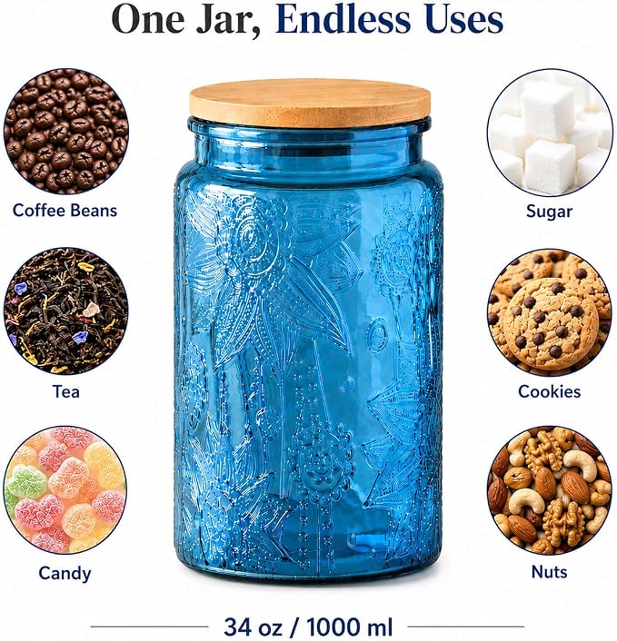 ANSQU 34oz Blue Glass Container, Candy Jar with Lid, Vintage Colored Mason Jars for Kitchen Decorative Jar for Coffee Tea Candy Cookies, Cute Jar (Blue, 1 Pack)
