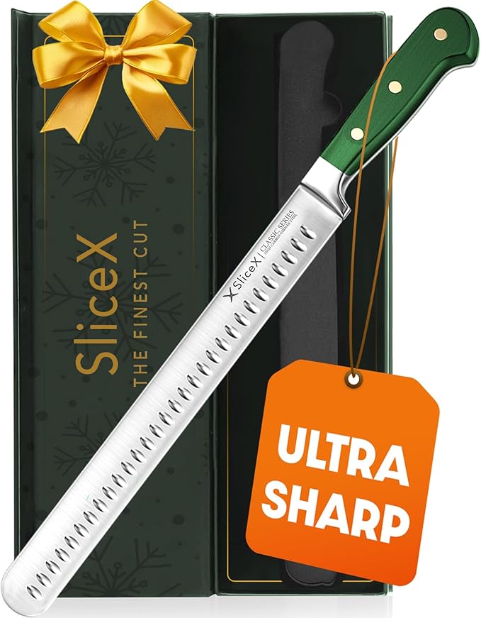 Bright Hobby Classic Brisket Slicing Carving Knife – Gift for Dad From Wife, Son, Daughter - 12” Full Tang Meat Cutting and BBQ Knife – Razor Sharp German Steel with Ergonomic Handle - Green