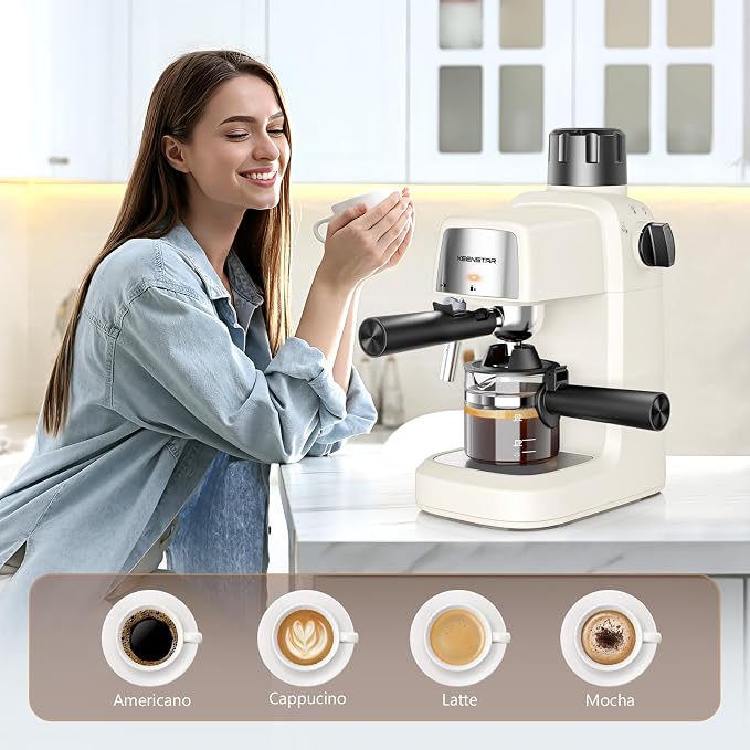 KEENSTAR 3.5Bar Espresso Machine with Milk Frother, 800W Compact Espresso and Cappuccino Maker, Preheating Function, 4-Cup Espresso Maker for Latte or Cappuccino, Gift for Coffee Lovers Upgrade