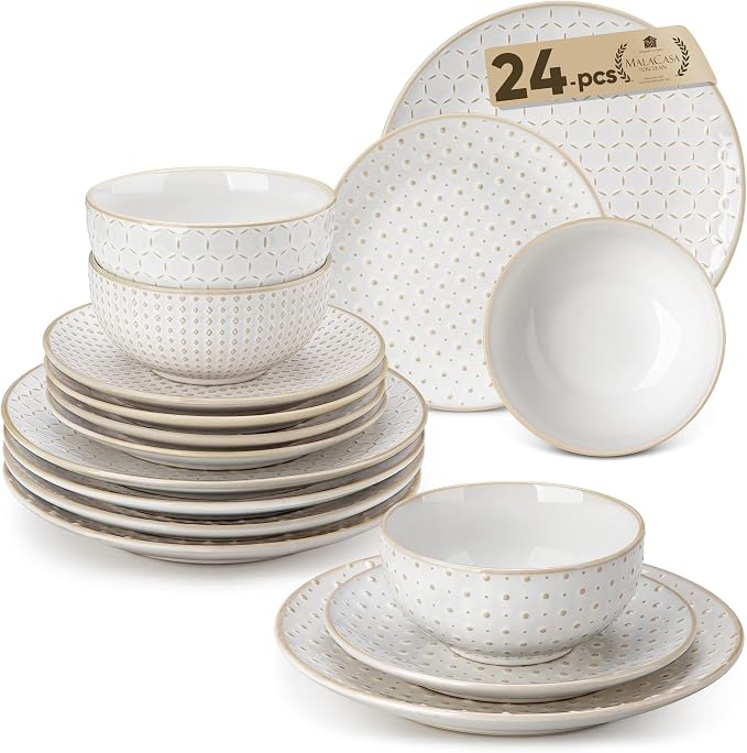MALACASA 24-Piece Farmhouse Dinnerware Set for 8, Embossed White Stoneware Plates and Bowls Sets, Vintage Relief Ceramic Dish Set, Chip-Resistant, Microwave & Dishwasher Safe