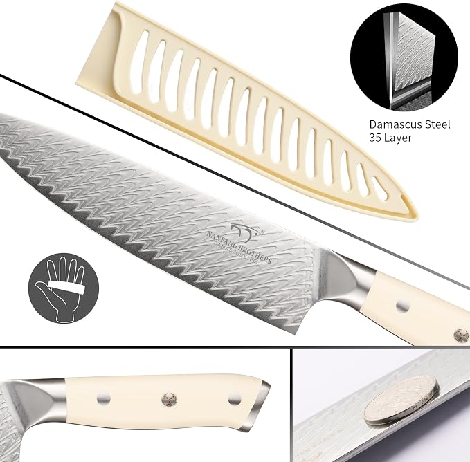 NANFANG BROTHERS 9-Piece Damascus Steel Chef Knife Set with Roll Bag VG10 Core Camping & Travel Kit, Blade Guards, Carving Fork & Apron Included (Portable for Outdoor/Home)