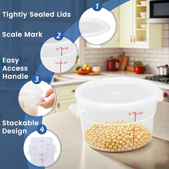 4 Pack 2QT Round Food Storage Containers with Lids | NSF, BPA-free PP containers with scale, label and measuring cup, stackable for prep, storage, freezer. Dishwasher safe