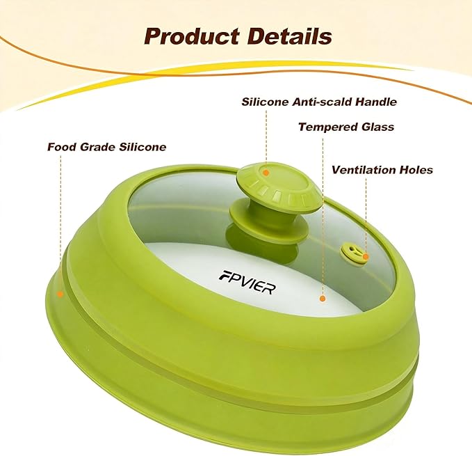 Microwave Splatter Cover - 9.8" Glass Lid with Collapsible Silicone Rim, Universal Pot & Plate Cover for Mess-Free Heating (Green, 9.8inch)