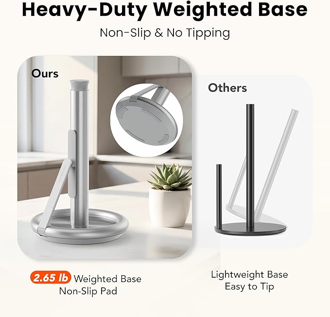 Ultrean Paper Towel Holder Countertop, Freestanding Paper Towel Dispenser with Spring-Loaded Arm for One-Handed Tear, Weighted Non-Slip Base, Stainless Steel for Kitchen