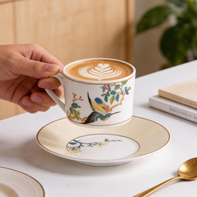 KAMMAK Tea Cups and Saucers Set of 2, Porcelain Coffee Cups, Stackable Espresso Mugs, Ceramic Demitasse for Coffee, Cappuccino, Latte, Americano, Tea, Embroidered Peony
