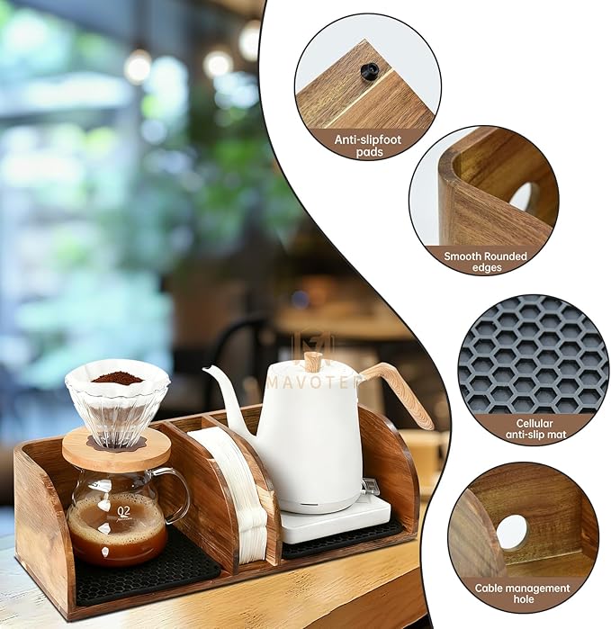 MAVOTER Acacia Coffee Bar Station Organizer Stand for Pour Over Maker, Coffee Filter Holder for Countertop ,Wooden Caddy Storage Organizers with Heatproof Mat(17.8*7*5.1 inch)