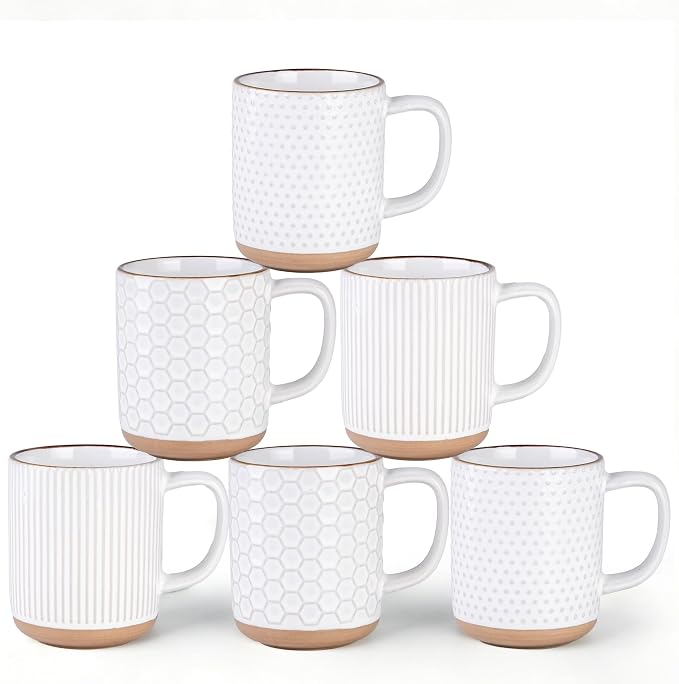 GBhome Large Coffee Mugs Set of 6, 16oz Handmade Stoneware Coffee Mugs Set with Large Handle for Cappuccino/Latte/Tea/Hot Cocoa, Dishwasher & Microwave Safe, Off White