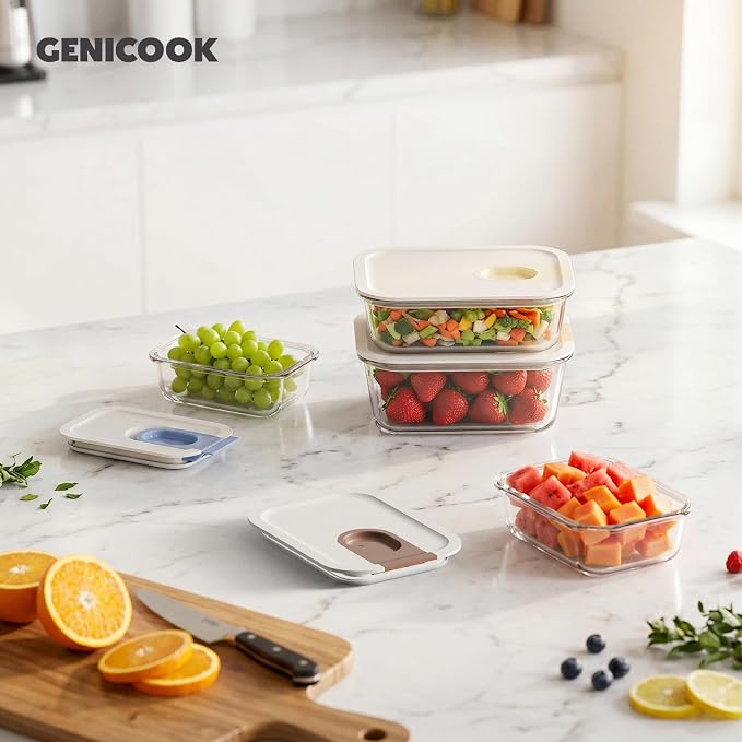 GENICOOK Glass Fruit Storage Containers for Fridge, 4 Pack Borosilicate Glass Food Storage Containers with One-Hand Slide Lid, Airtight Produce Containers, Stackable Fridge Organizer, BPA Free