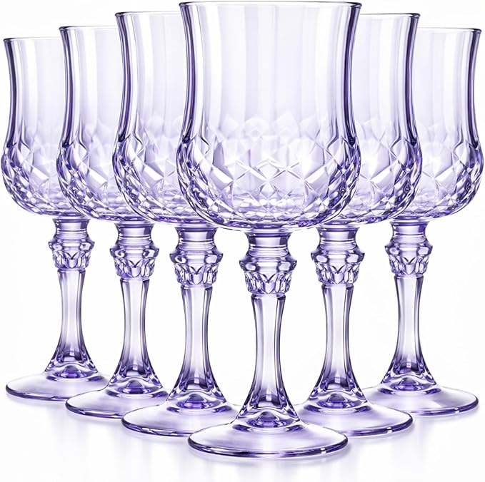 Pinkunn 6 Pcs 7 oz Plastic Vintage Wine Glasses Reusable Colored Goblets Patterned Drinking Water Glasses Cup Dishwasher Safe for Mother's Day Wedding Reception Party Supplies (Purple)