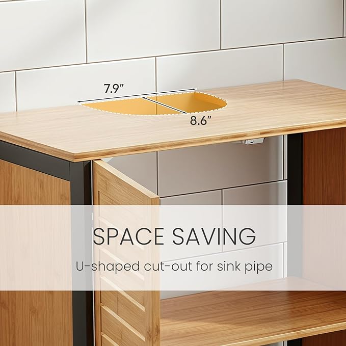 24" Bamboo Pedestal Under Sink Storage Vanity Cabinet, Solid Waterproof Sliding Door Bathroom Organizer with Adjustable Shelf, Modern Bathroom Furniture(Top Cutout, Not for Floor Drain)