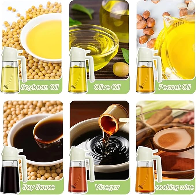 2-in-1 Oil Sprayer & Pourer – 16oz / 500ml Oil Bottle for Kitchen, BBQ, Baking, Salad – Black/White/Green/Yellow(Mix 4Pcs)