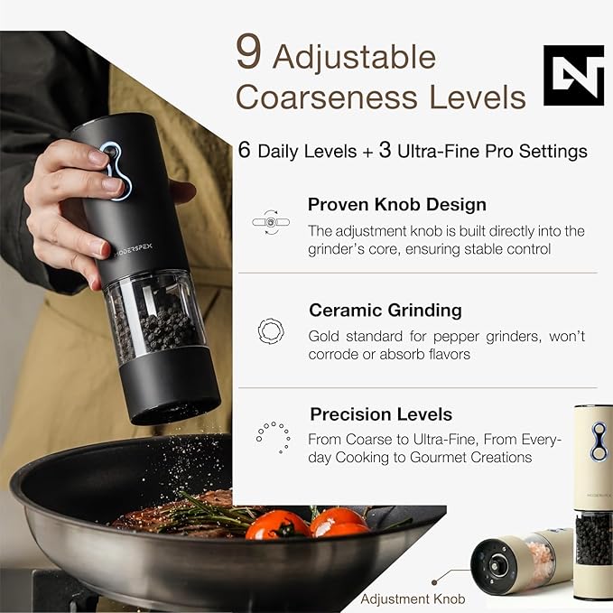 Electric Salt and Pepper Grinder Set USB-C Rechargeable, Dual-Speed Automatic Salt and Pepper Mills with 9 Adjustable Coarseness, Ceramic Burr, LED Light, Refillable, (Buttercream）