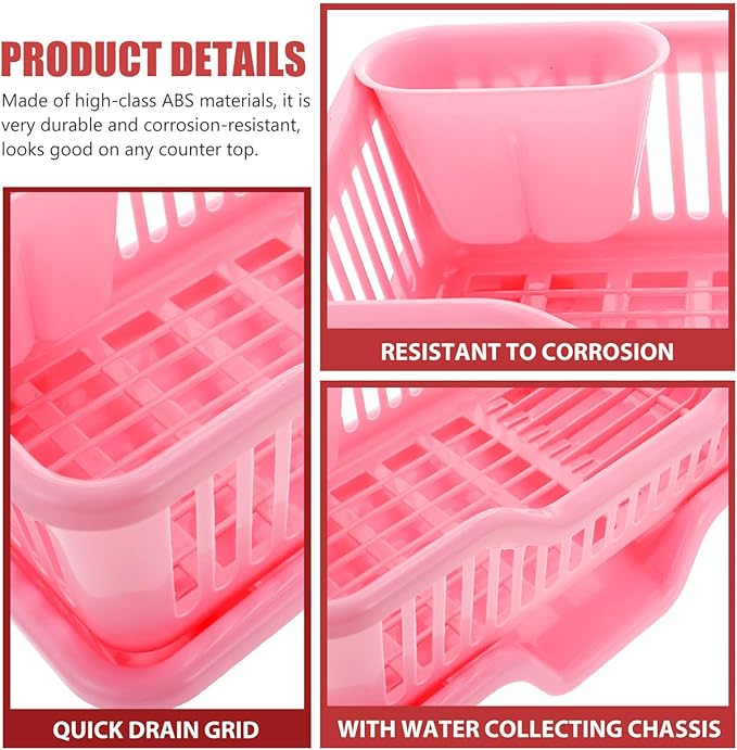 IMIKEYA Sink Dish Rack Drainer Plastic Dish Drying Draining Rack Over The Sink Kitchen Tableware Drying Basket with Cutlery Holder for Kitchen Counter Pink