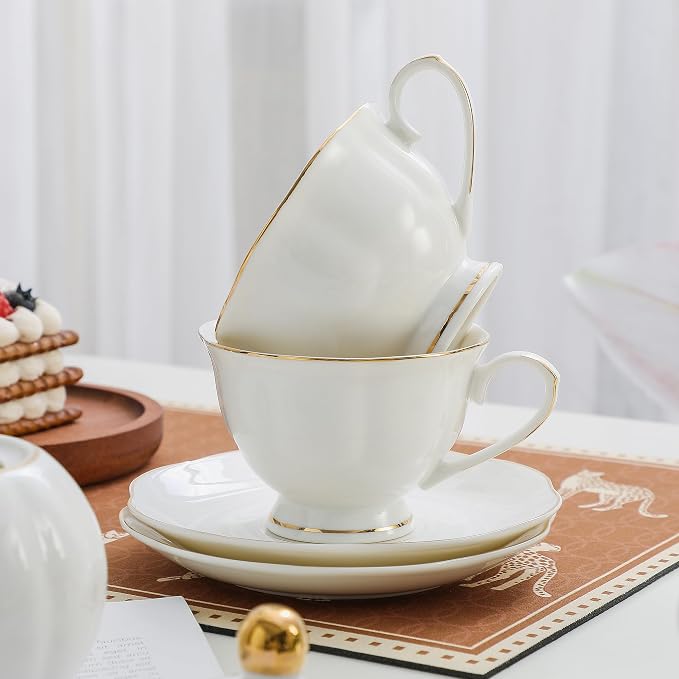 White Ceramic Tea Cup and Saucer Set of 8 (16-Piece) - 6oz Elegant Porcelain Cups with Gold Rim, 8 Cups & 8 Saucers for Tea Party