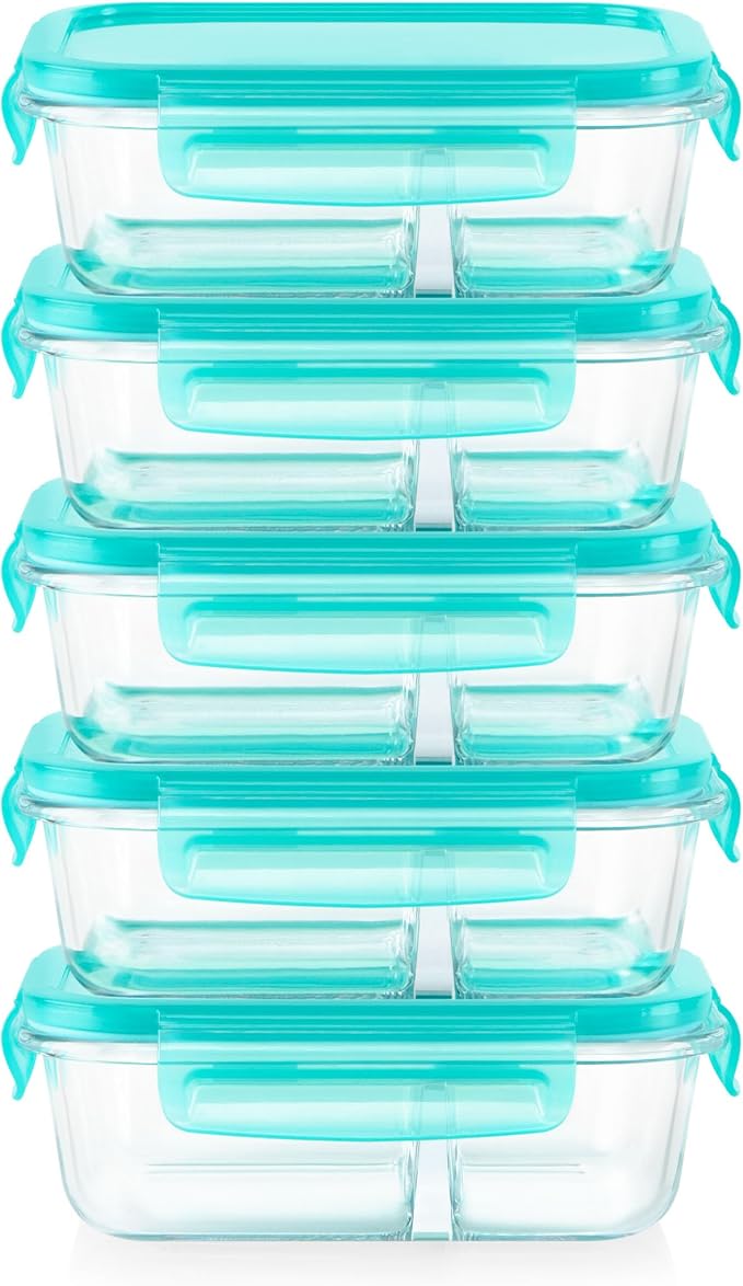 Pyrex Glass MealBox (5-Pack, 2.3 Cup) Divided Compartments with Locking Lids, For Meal Prepping and Portioning, BPA Free Microwave Dishwasher Safe