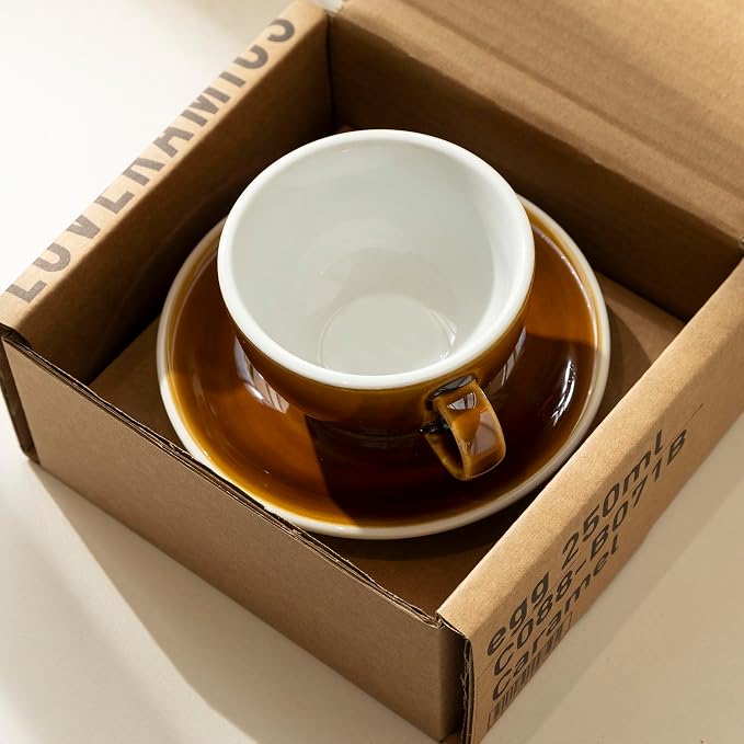 Loveramics Coffee Cup Ceramic, 8 oz Latte Art Cup with Saucer for Cappuccino, Tea, Espresso, Thick - walled stoneware Cappuccino mug Set for Cafe and Barista - Potters Colours (Caramel, 8OZ)