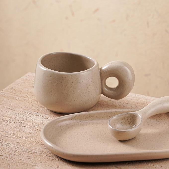 Uaral Ceramic Coffee Mugs Set,Cups Set with Saucer and Spoon for Coffee/Tea Break,Latte Breakfast.10oz Coffee Mug,8inch Ceramic Serving Tray and Spoon.3 Piece,Matte Cream