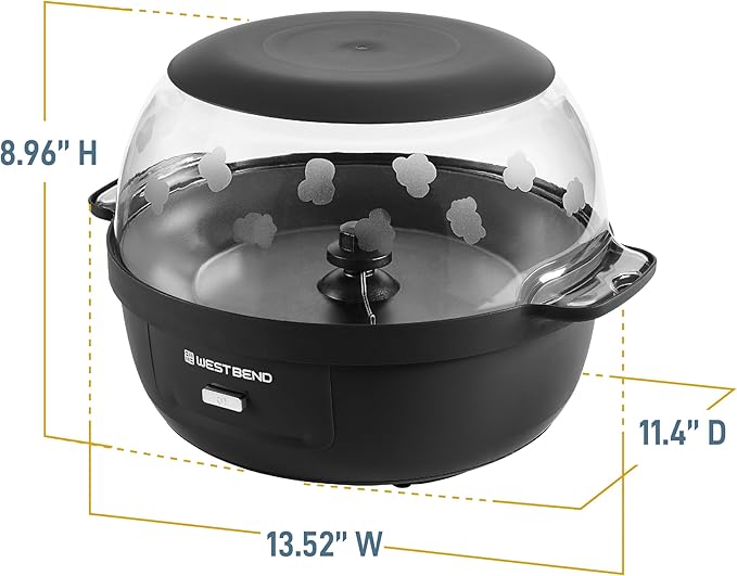 West Bend Stir Crazy Hot Oil Popcorn Popper, Popcorn Maker Machine with Large Serving Bowl Lid and Stirring Rod, 6 Qt, Black