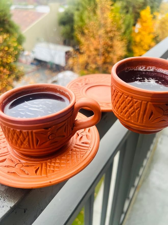 Handmade Tea Cup Set - Limited Edition Gift Set – 2 Terracotta Cups + 2 Saucers – Unique Handmade Gift Box