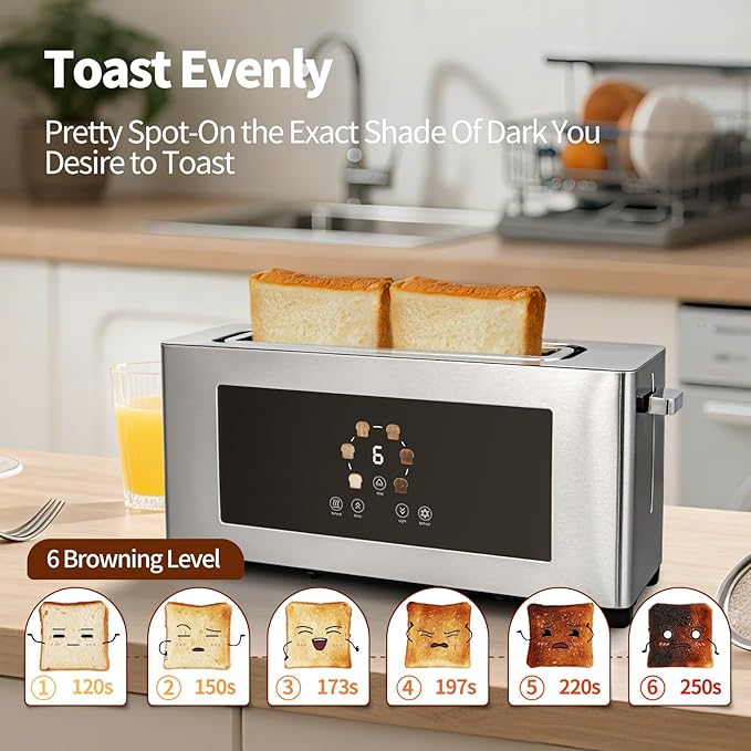 Touch Screen Toaster with Defrost & Removable Tray, 2 Slice Slim Toaster with Long Slot for White Bread, 6 Browning Levels, 1200W Compact Stainless Steel