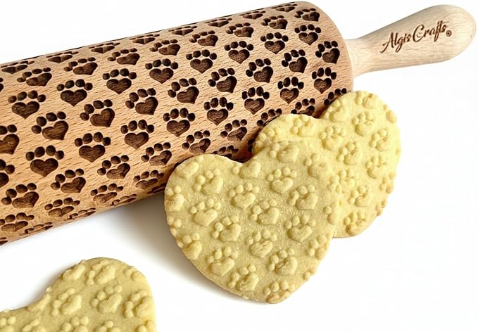 Rolling pin PAW-HEARTS. Wooden embossing rolling pin with paw pattern. Embossed cookies. Pottery. Birthday gift. Dog cat pet lover